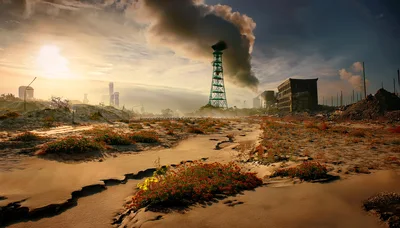 Industrial Smoke Tower Over Desolate Post-Apocalyptic Landscape