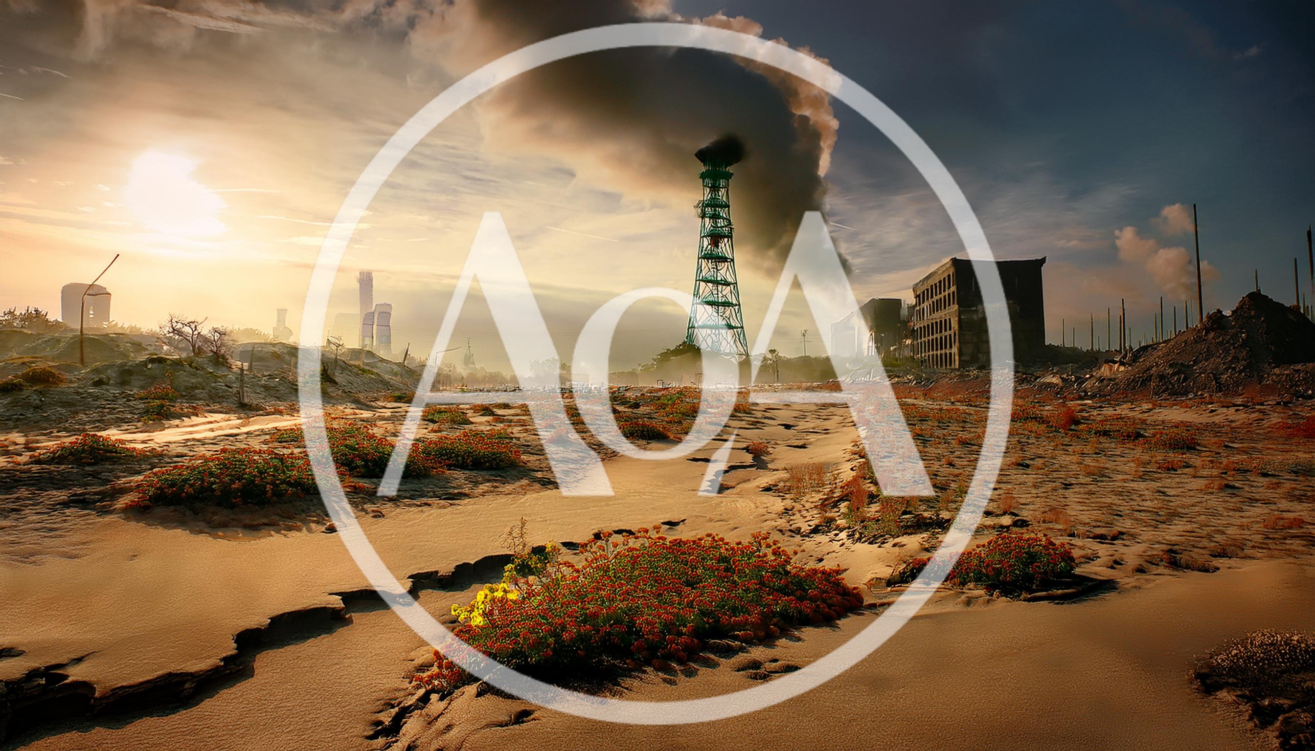 Industrial Smoke Tower Over Desolate Post-Apocalyptic Landscape