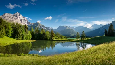 Alpine Lake Landscape With Mountain Peaks And Forest