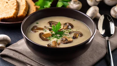 Creamy Mushroom Soup Served In A Dark Bowl