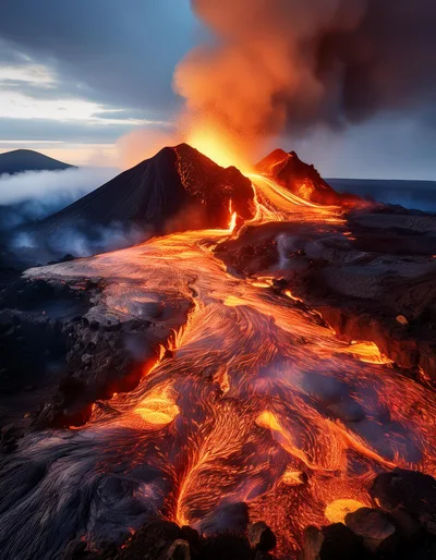 Volcanic Eruption With Molten Lava Flowing Down Mountain