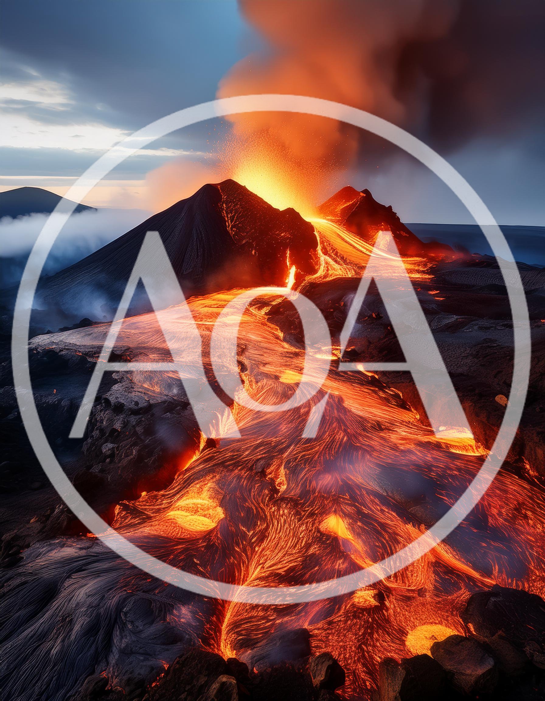 Volcanic Eruption With Molten Lava Flowing Down Mountain