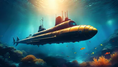 Submarine Cruising Through A Vibrant Underwater Coral Reef