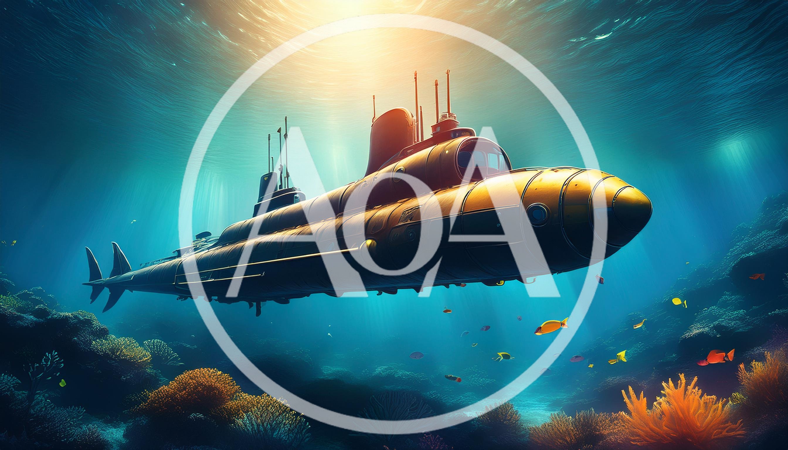 Submarine Cruising Through A Vibrant Underwater Coral Reef