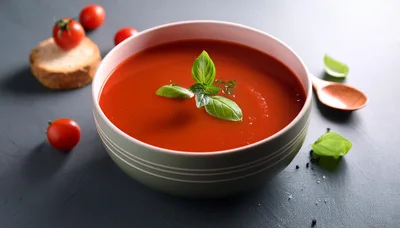 Bowl Of Tomato Soup With Fresh Basil Garnish
