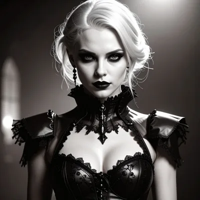 Gothic Blonde Woman In Black Leather Corset