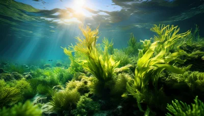 Vibrant Green Seaweed Swaying In Shallow Ocean Waters