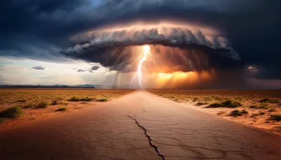Dramatic Lightning Strike Over A Desert Road