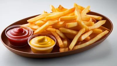 Golden French Fries With Ketchup And Mustard Dips