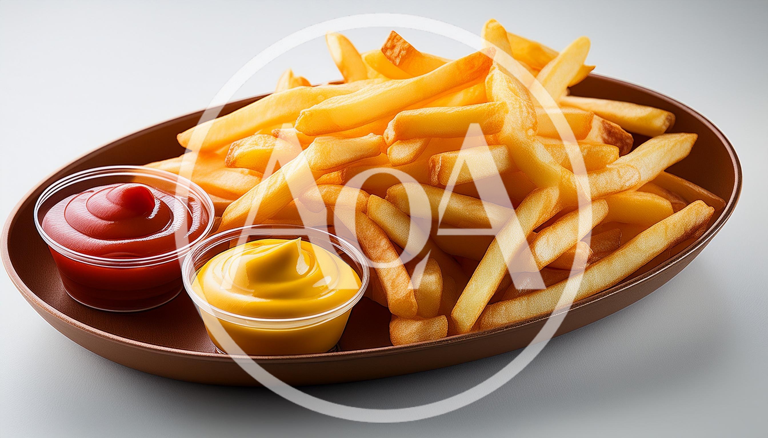 Golden French Fries With Ketchup And Mustard Dips