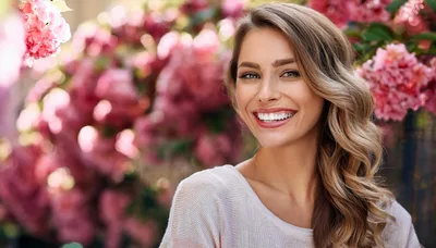 Smiling Woman Posing Outdoors With Pink Flowers