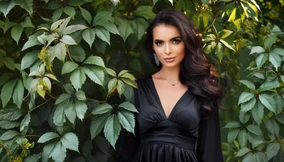 Elegant Woman In Black Dress Standing Before Green Foliage
