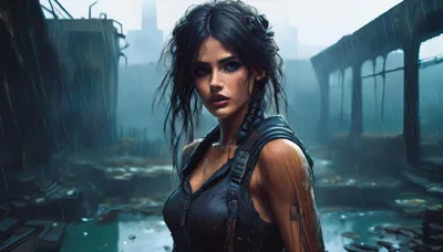 Young Woman Standing In Rain Amidst Ruined Cityscape