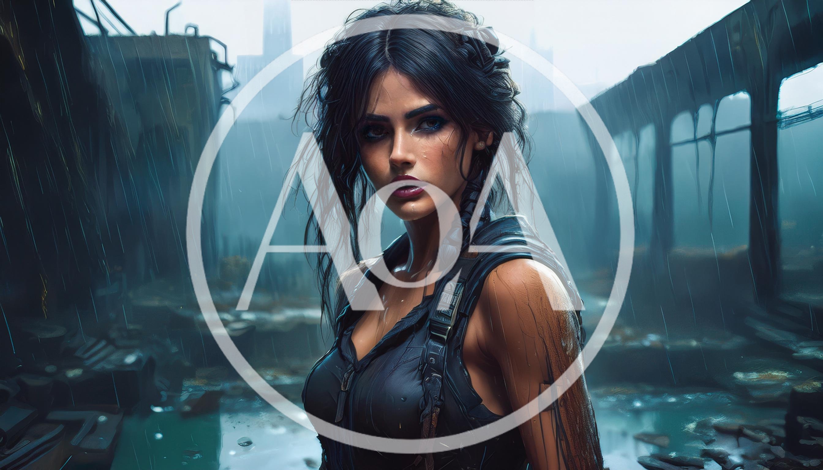 Young Woman Standing In Rain Amidst Ruined Cityscape