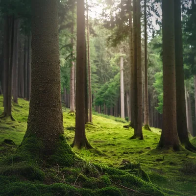 Sunlight Filtering Through A Mossy Coniferous Forest