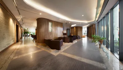 Modern Luxury Hotel Lobby Interior With Curved Wood Walls