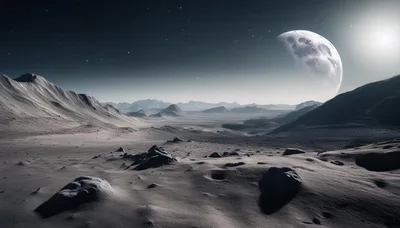Desolate Alien Moon Landscape With Large Planet