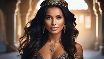 Portrait Of A Beautiful Woman Wearing Ornate Gold Jewelry