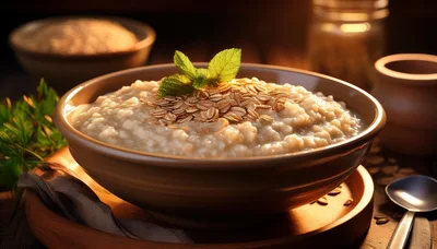 Bowl Of Creamy Oatmeal With Mint Garnish