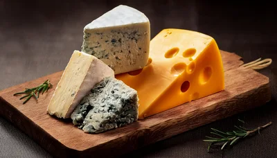 Assorted Cheese Varieties on a Wooden Serving Board