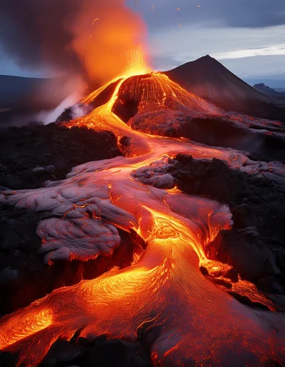 Volcanic Eruption With Glowing Lava Flowing Down Mountain