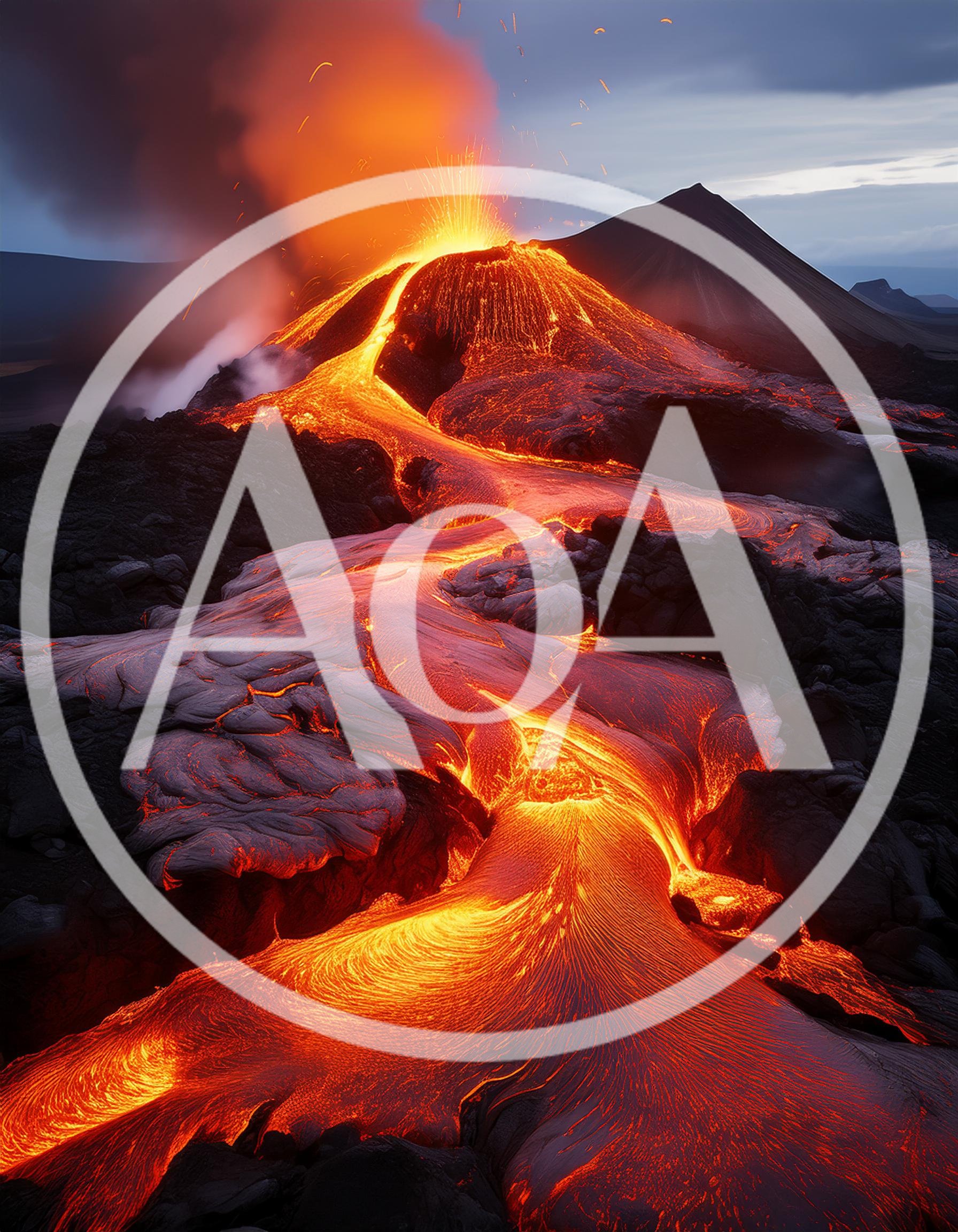 Volcanic Eruption With Glowing Lava Flowing Down Mountain