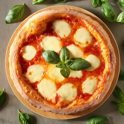 Fresh Margherita Pizza With Basil Leaves On Wooden Board