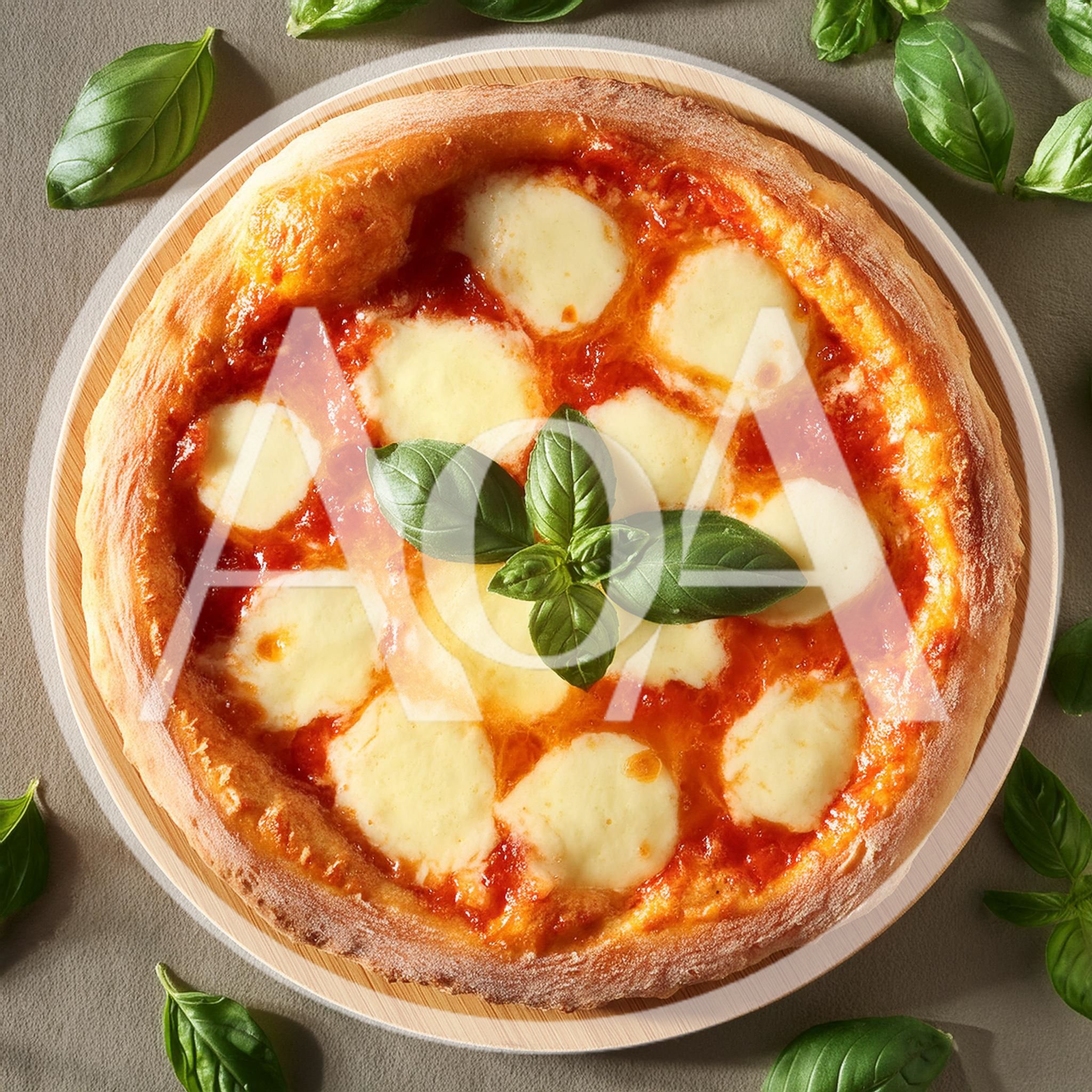 Fresh Margherita Pizza With Basil Leaves On Wooden Board