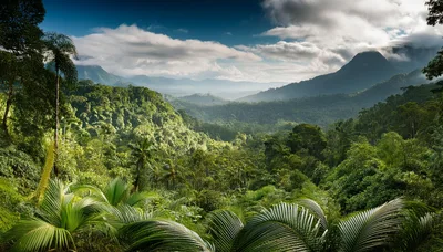 Lush Tropical Rainforest Valley Under Dramatic Cloudy Sky