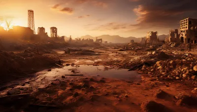 Post-Apocalyptic Ruined City Landscape at Sunset