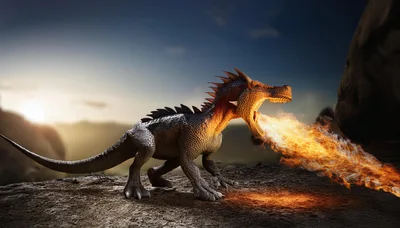 Fantasy Dragon Breathing Fire On A Rocky Cliffside