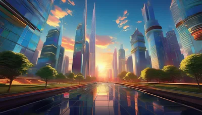 Futuristic Cityscape With Glass Skyscrapers At Sunset