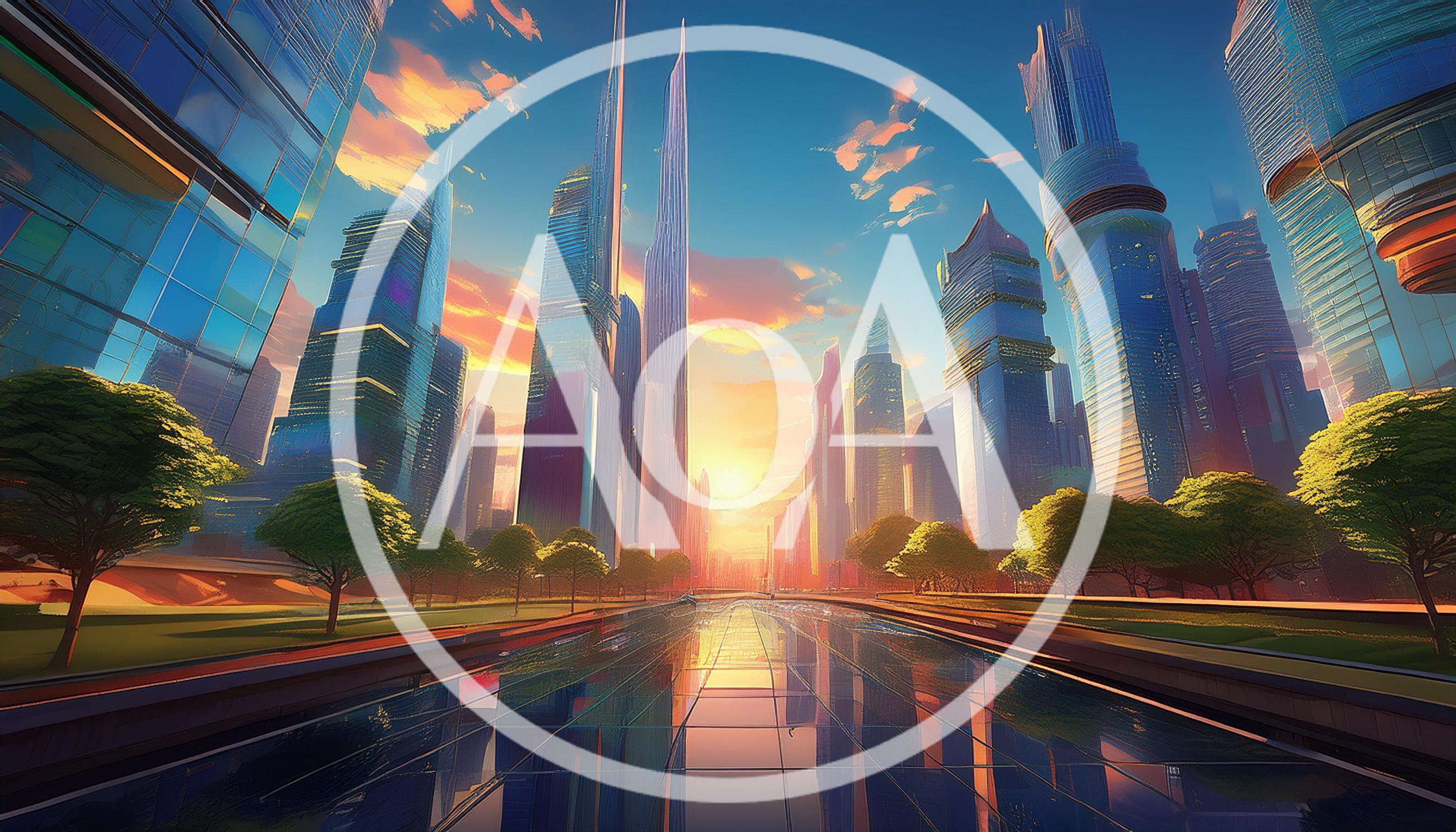 Futuristic Cityscape With Glass Skyscrapers At Sunset