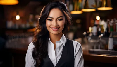 Smiling Asian Female Bartender Standing In A Bar