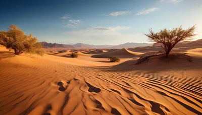 Vast Desert Landscape With Sand Dunes And Trees