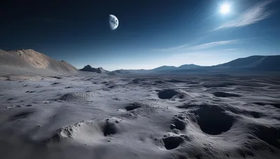 Desolate Lunar Landscape With Crescent Moon And Bright Sun
