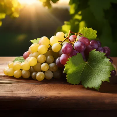 Fresh Green and Red Grapes on Wooden Table