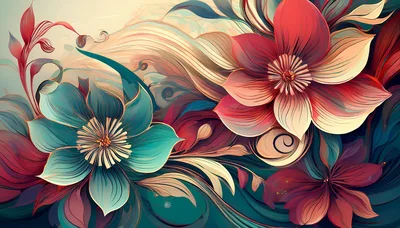 Abstract Floral Art With Vibrant Teal And Red Flowers