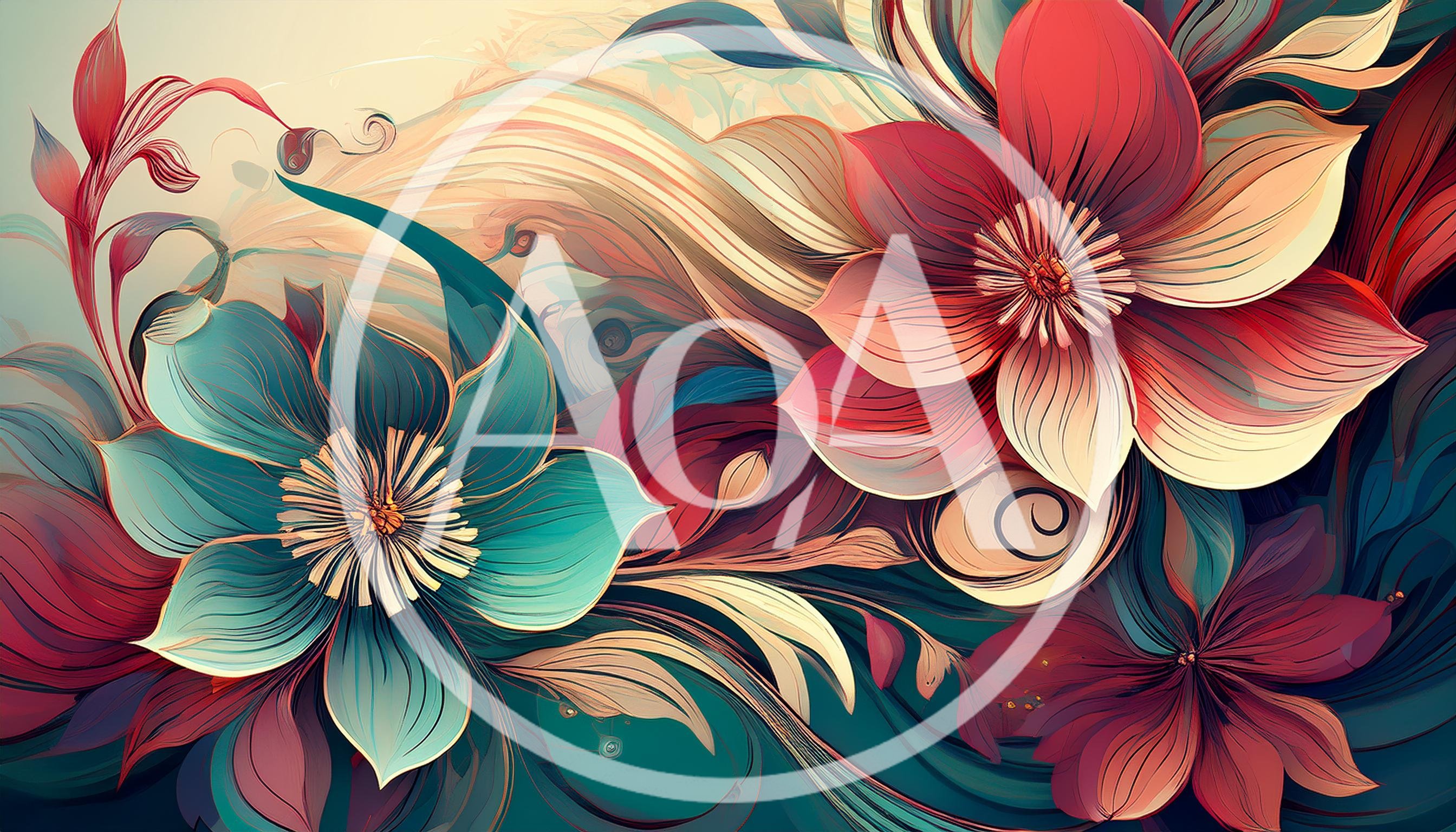 Abstract Floral Art With Vibrant Teal And Red Flowers
