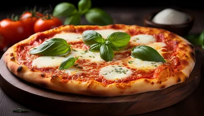 Fresh Margherita Pizza On A Wooden Serving Board