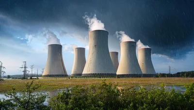 Nuclear Power Plant Cooling Towers Under Stormy Sky