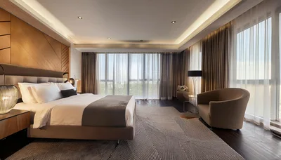Modern Luxury Hotel Bedroom Interior With Panoramic Windows