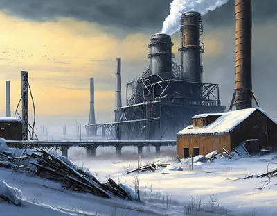 Industrial Factory Complex In A Snowy Winter Landscape