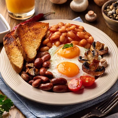 Traditional English Breakfast Plate With Eggs And Beans