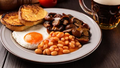 Traditional English Breakfast Plate With Fried Egg And Beans