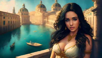 Beautiful Woman Standing On Balcony Overlooking Venetian Canal