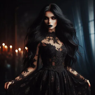 Gothic Woman In Elegant Black Lace Gown