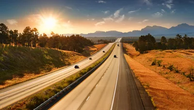 Cars Driving on Highway Through Scenic Mountain Landscape