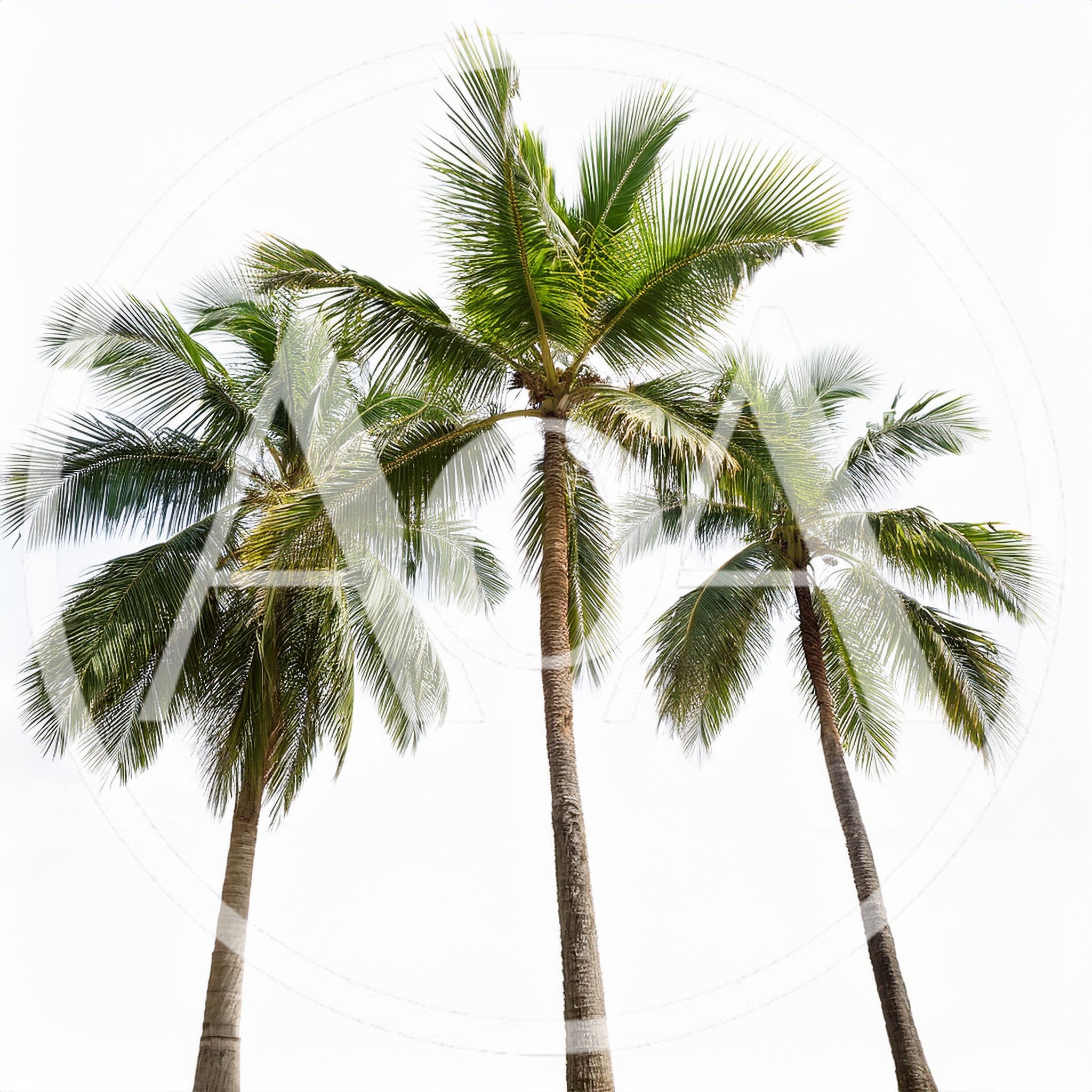 Three Tall Coconut Palm Trees Against White Background