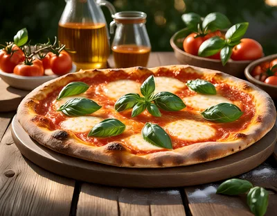 Fresh Margherita Pizza On A Wooden Board